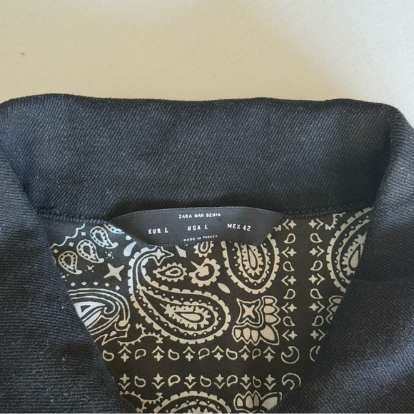 Zara Man Faux Suede Fringe Studded Black Denim Jacket Pockets Button Up Size L - Picture 12 of 16